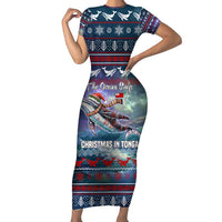 Tonga Christmas Family Matching Short Sleeve Bodycon Dress and Hawaiian Shirt with Singing Whale Ocean Scene National Coat of Arms - Polynesian Pride