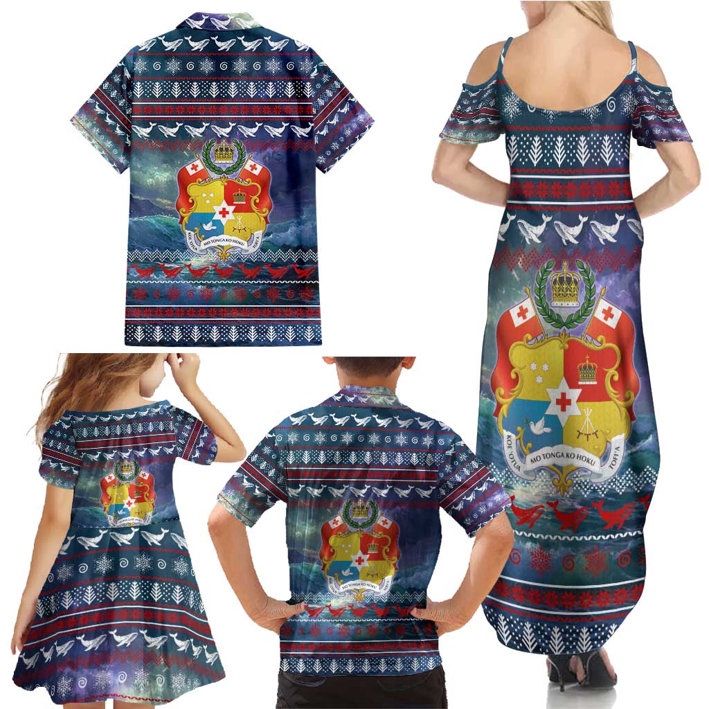 Tonga Christmas Family Matching Summer Maxi Dress and Hawaiian Shirt with Singing Whale Ocean Scene National Coat of Arms - Polynesian Pride