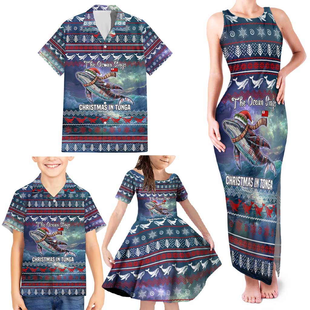 Tonga Christmas Family Matching Tank Maxi Dress and Hawaiian Shirt with Singing Whale Ocean Scene National Coat of Arms - Polynesian Pride