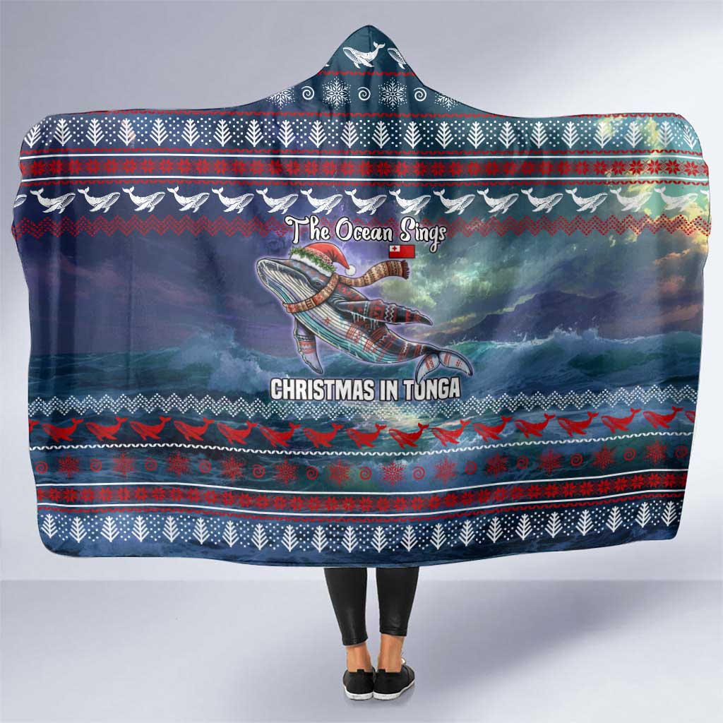 Tonga Christmas Hooded Blanket with Singing Whale Ocean Scene National Coat of Arms - Polynesian Pride