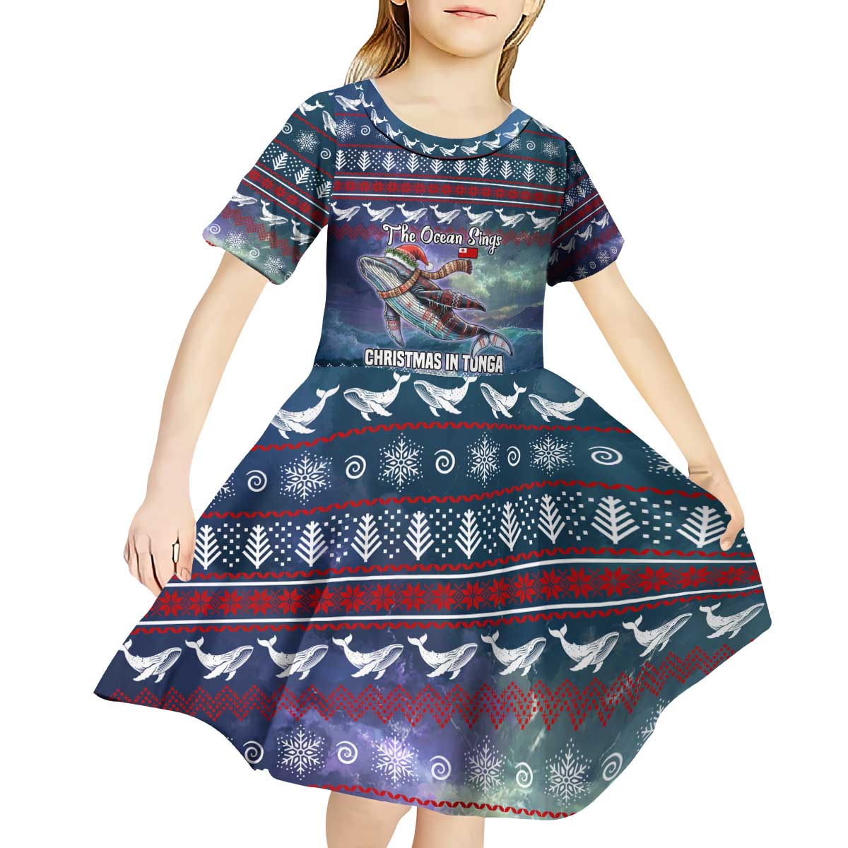 Tonga Christmas Kid Short Sleeve Dress with Singing Whale Ocean Scene National Coat of Arms - Polynesian Pride