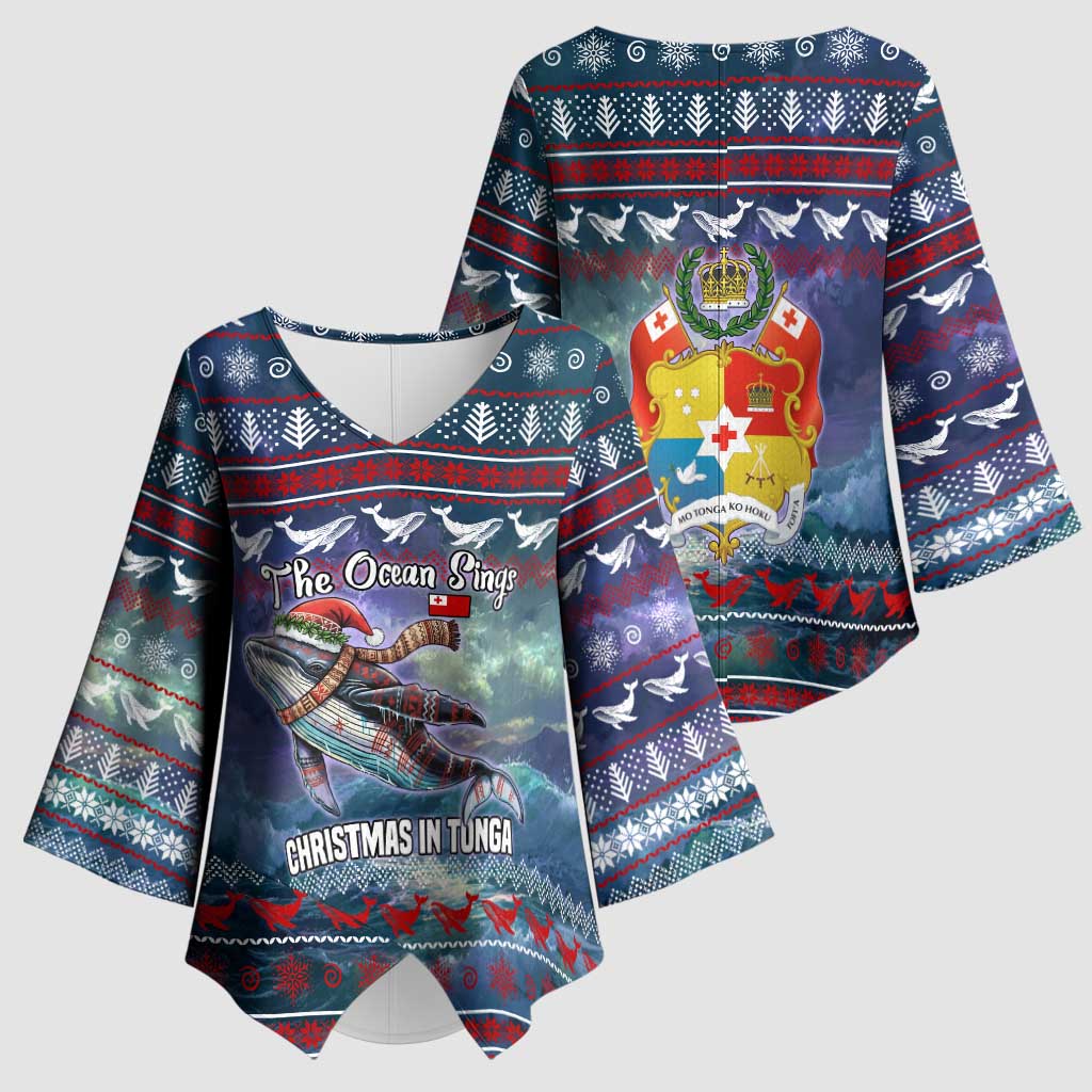 Tonga Christmas Kimono Sleeve Blouse with Singing Whale Ocean Scene National Coat of Arms - Polynesian Pride