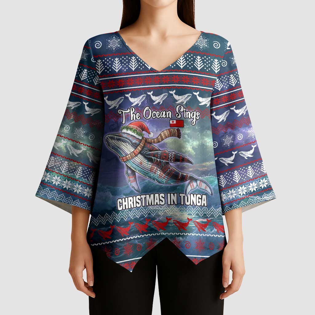Tonga Christmas Kimono Sleeve Blouse with Singing Whale Ocean Scene National Coat of Arms - Polynesian Pride