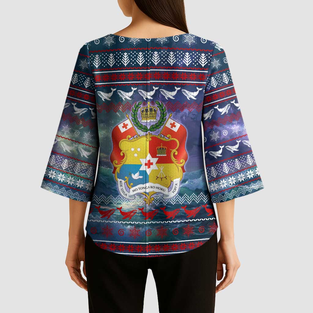 Tonga Christmas Kimono Sleeve Blouse with Singing Whale Ocean Scene National Coat of Arms - Polynesian Pride