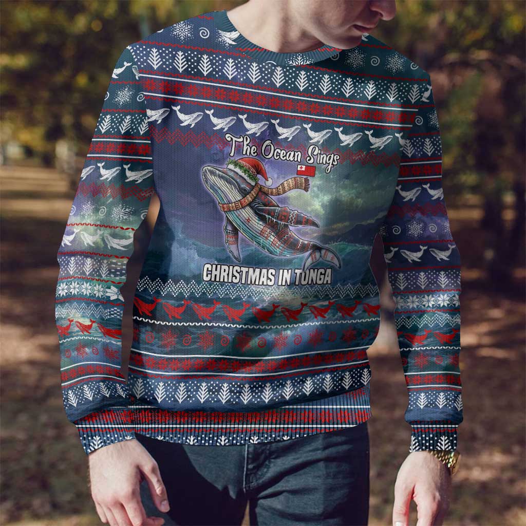 Tonga Christmas Ugly Christmas Sweater with Singing Whale Ocean Scene National Coat of Arms - Polynesian Pride