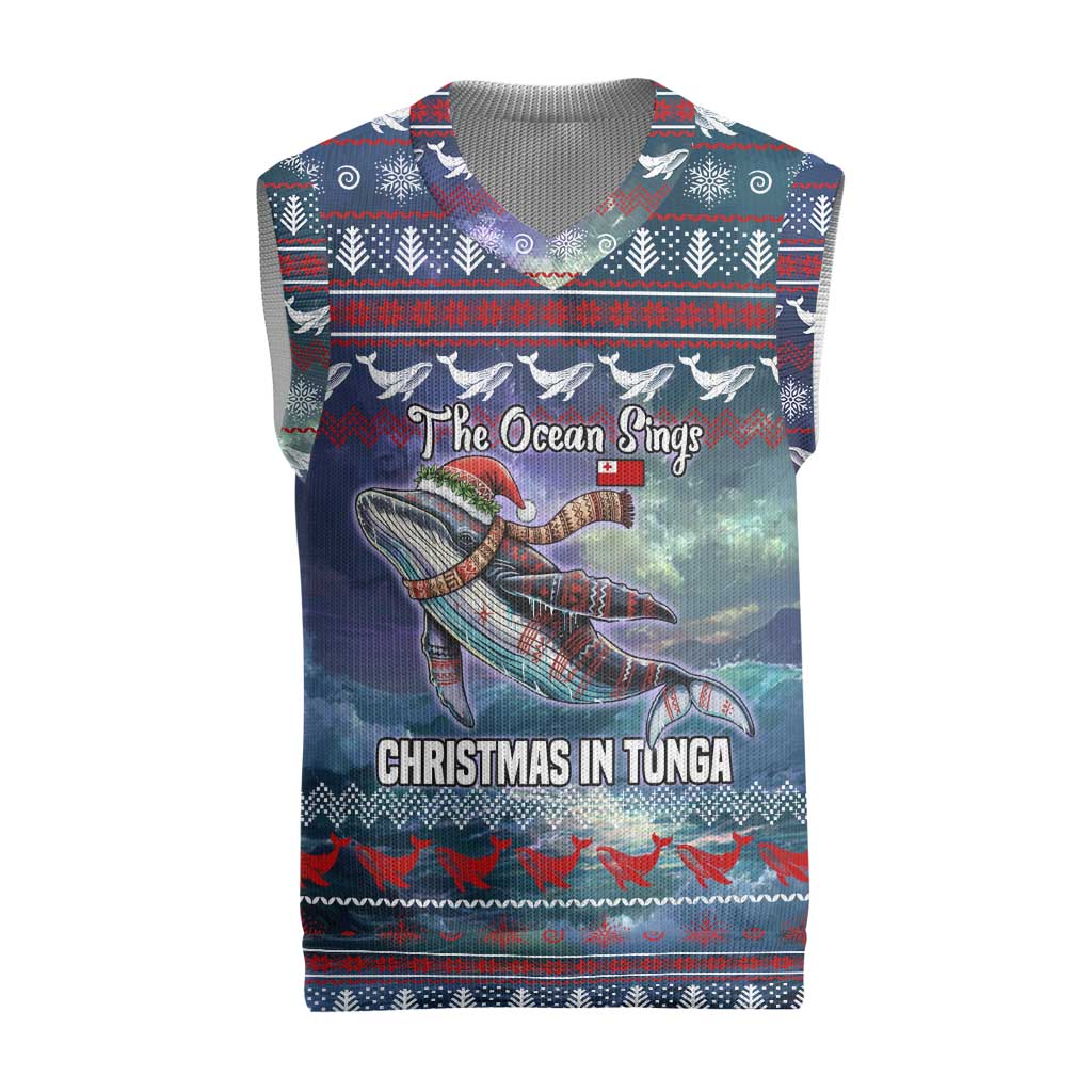 Tonga Christmas Knitted V-Neck Vest with Singing Whale Ocean Scene National Coat of Arms - Polynesian Pride