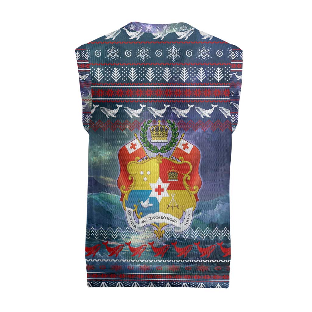 Tonga Christmas Knitted V-Neck Vest with Singing Whale Ocean Scene National Coat of Arms - Polynesian Pride