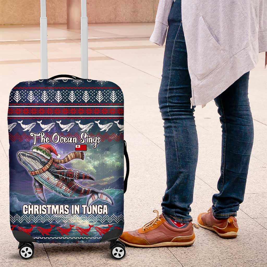 Tonga Christmas Luggage Cover with Singing Whale Ocean Scene National Coat of Arms - Polynesian Pride