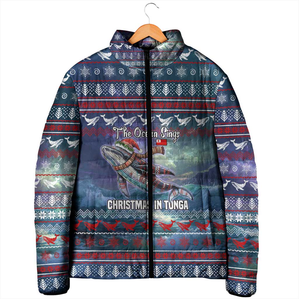 Tonga Christmas Padded Jacket with Singing Whale Ocean Scene National Coat of Arms - Polynesian Pride