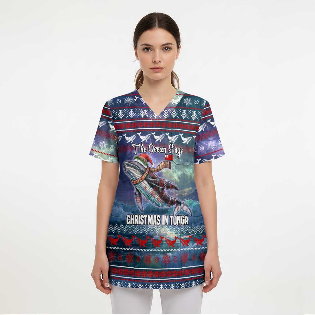 Tonga Christmas Scrub Top with Singing Whale Ocean Scene National Coat of Arms - Polynesian Pride