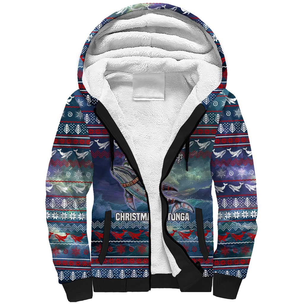 Tonga Christmas Sherpa Hoodie with Singing Whale Ocean Scene National Coat of Arms - Polynesian Pride