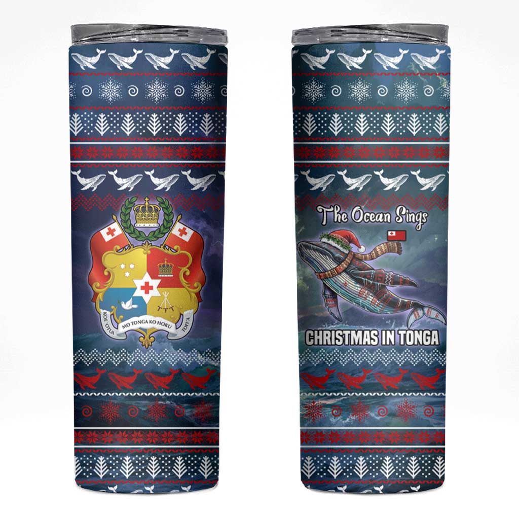 Tonga Christmas Skinny Tumbler with Singing Whale Ocean Scene National Coat of Arms - Polynesian Pride