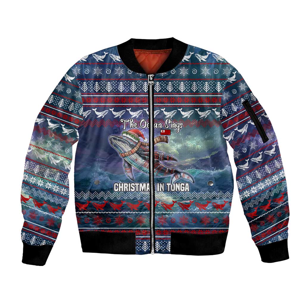 Tonga Christmas Sleeve Zip Bomber Jacket with Singing Whale Ocean Scene National Coat of Arms - Polynesian Pride