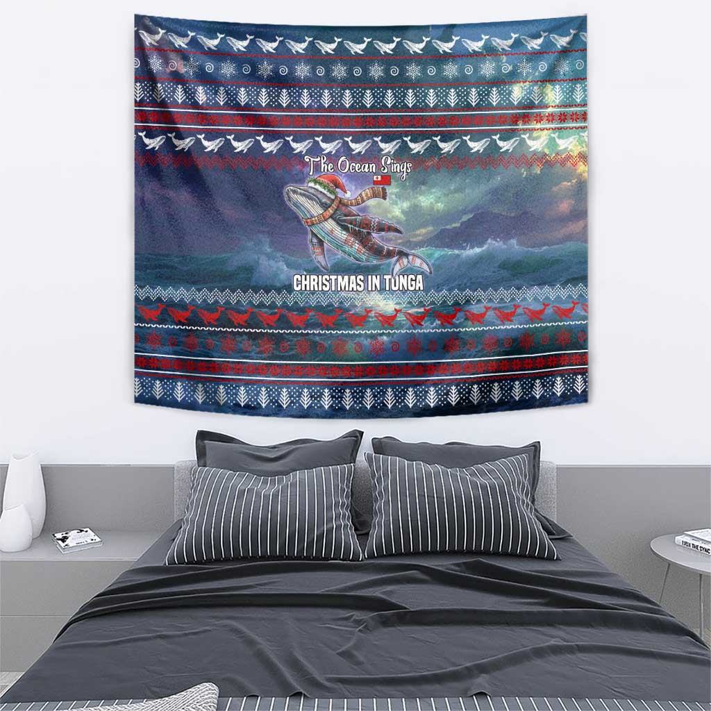 Tonga Christmas Tapestry with Singing Whale Ocean Scene National Coat of Arms - Polynesian Pride