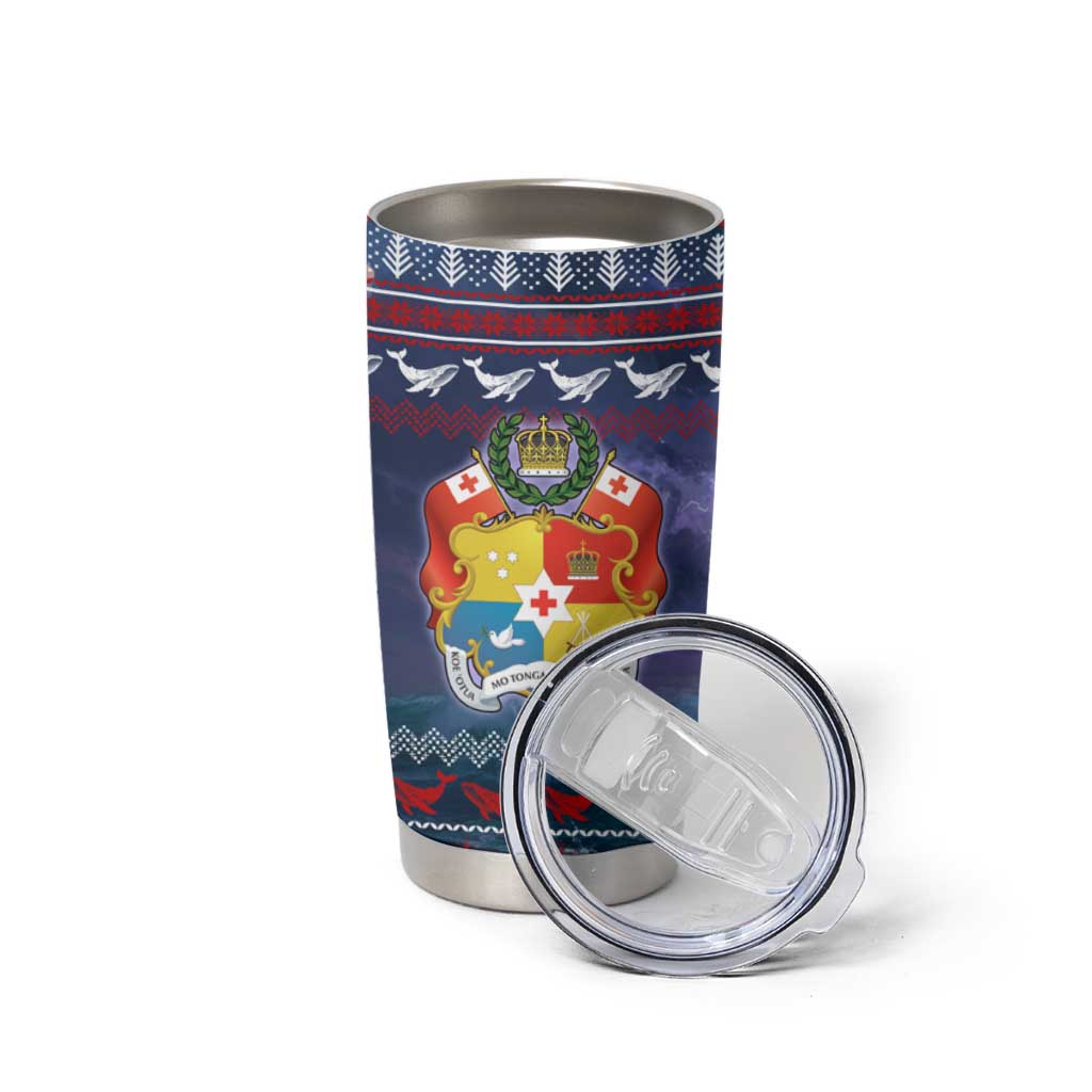 Tonga Christmas Tumbler Cup with Singing Whale Ocean Scene National Coat of Arms - Polynesian Pride