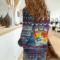 Tonga Christmas Women Casual Shirt with Singing Whale Ocean Scene National Coat of Arms - Polynesian Pride