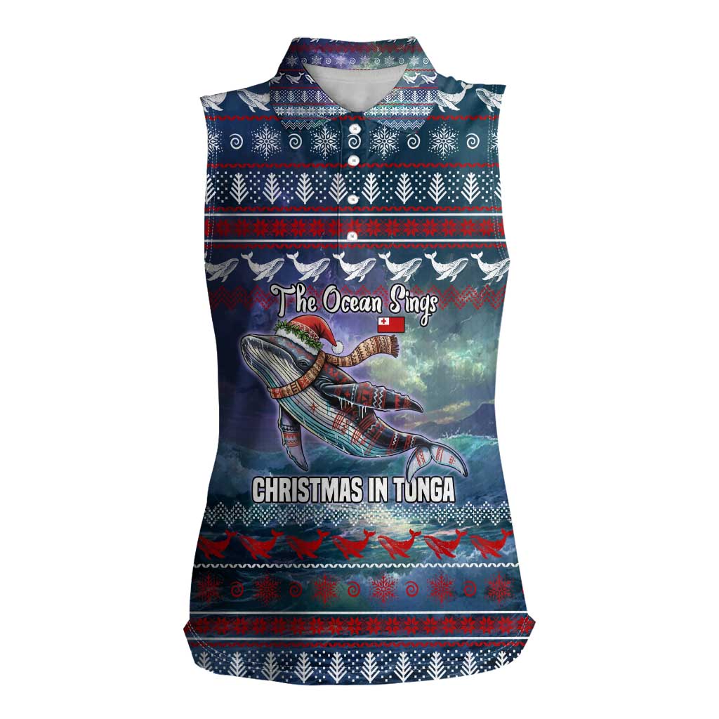 Tonga Christmas Women Sleeveless Polo Shirt with Singing Whale Ocean Scene National Coat of Arms - Polynesian Pride
