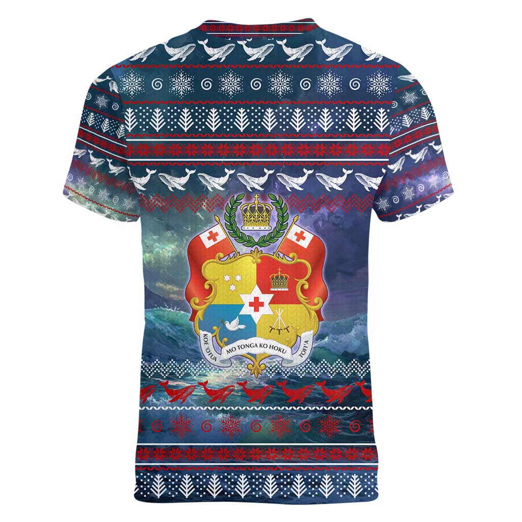 Tonga Christmas Women V-Neck T-Shirt with Singing Whale Ocean Scene National Coat of Arms - Polynesian Pride