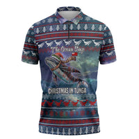 Tonga Christmas Zipper Polo Shirt with Singing Whale Ocean Scene National Coat of Arms - Polynesian Pride