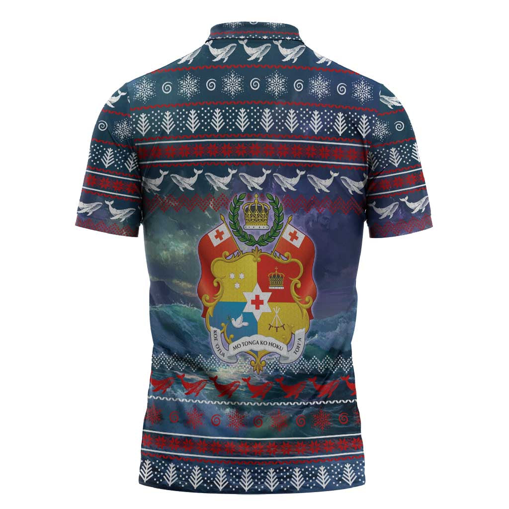 Tonga Christmas Zipper Polo Shirt with Singing Whale Ocean Scene National Coat of Arms - Polynesian Pride