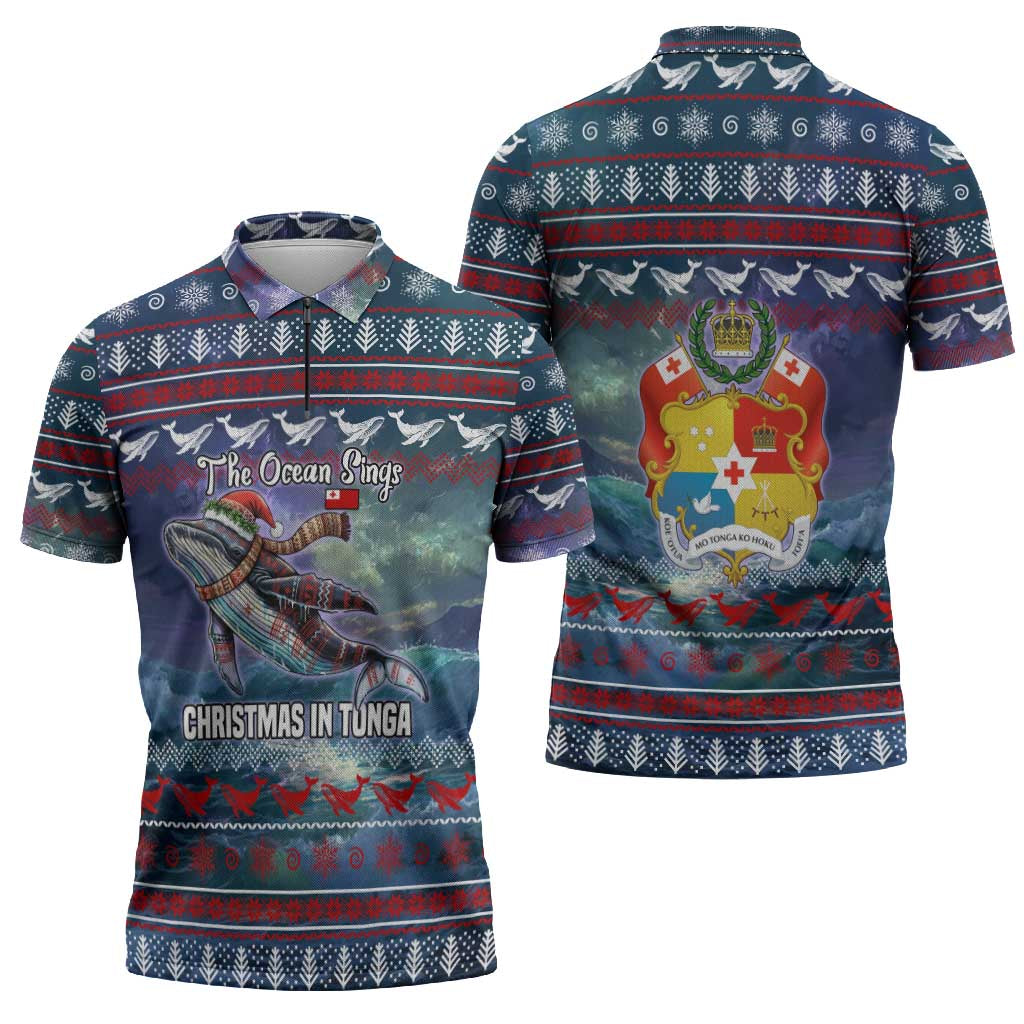 Tonga Christmas Zipper Polo Shirt with Singing Whale Ocean Scene National Coat of Arms - Polynesian Pride