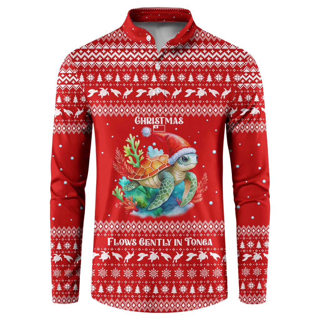 Tonga Christmas Button Sweatshirt with Sea Turtle Coral Reef Design Snowflake Pattern and National Emblem - Polynesian Pride