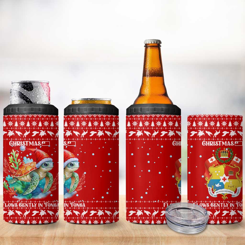 Tonga Christmas 4 in 1 Can Cooler Tumbler with Sea Turtle Coral Reef Design Snowflake Pattern and National Emblem - Polynesian Pride