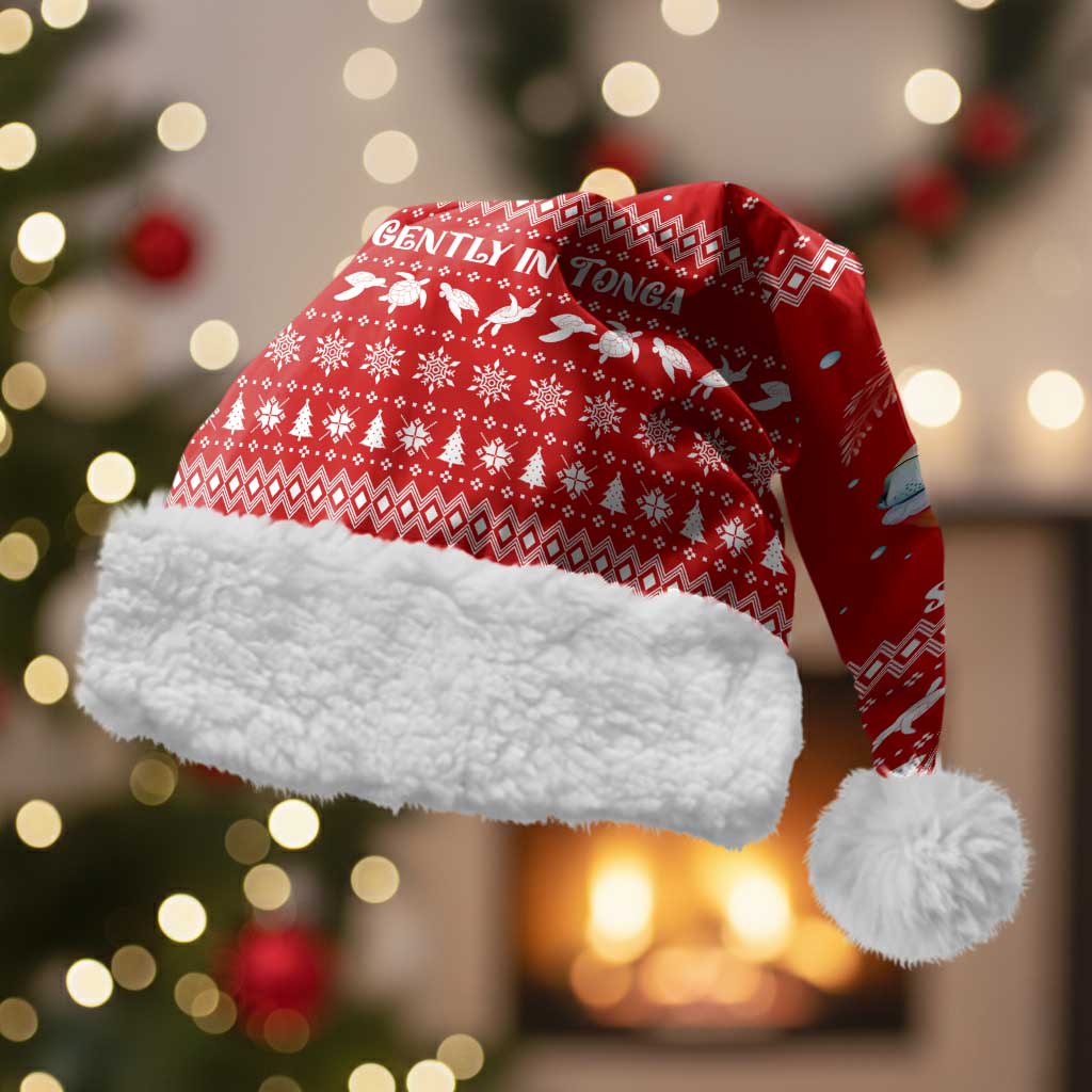Tonga Christmas Santa Hat with Sea Turtle Coral Reef Design Snowflake Pattern and National Emblem - Polynesian Pride