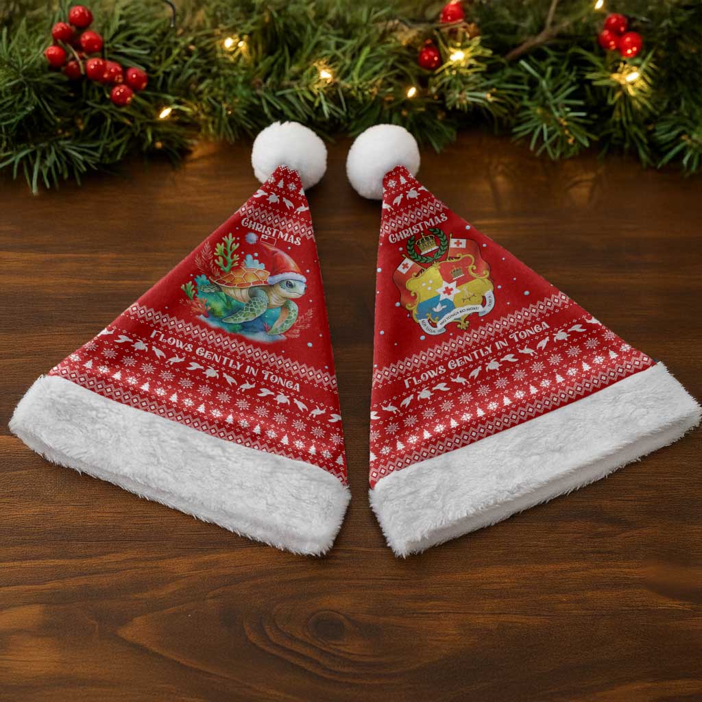 Tonga Christmas Santa Hat with Sea Turtle Coral Reef Design Snowflake Pattern and National Emblem - Polynesian Pride