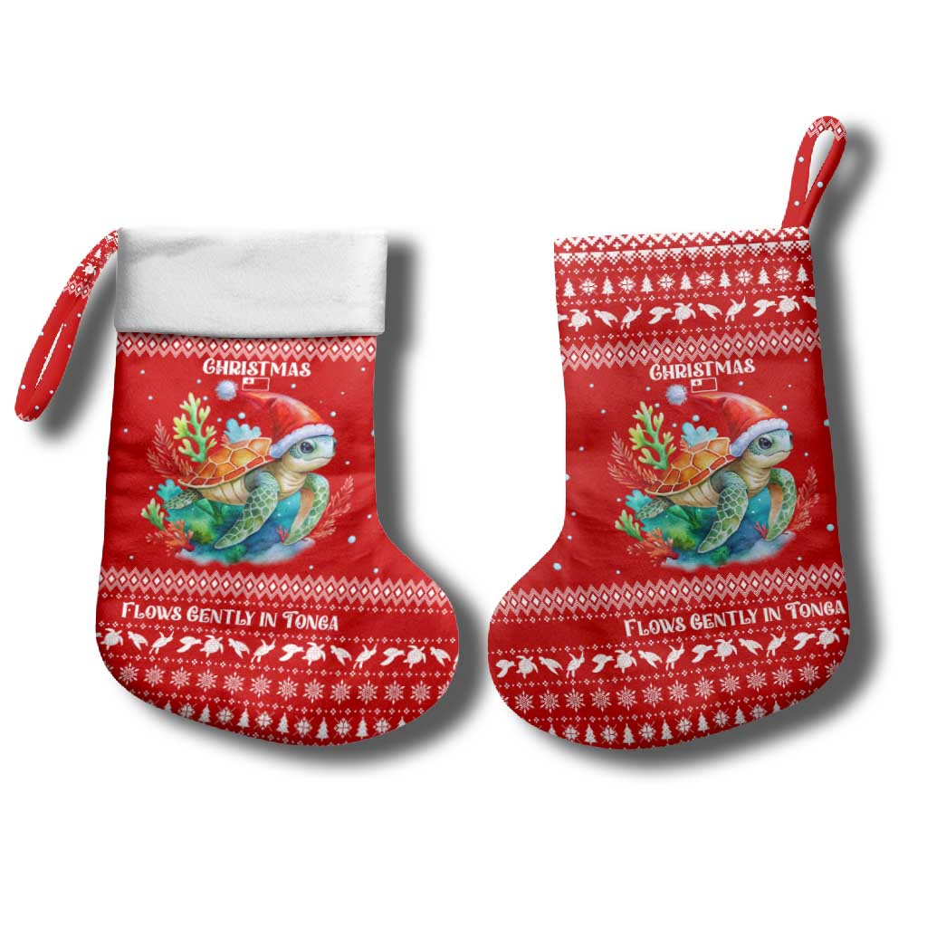 Tonga Christmas Stocking with Sea Turtle Coral Reef Design Snowflake Pattern and National Emblem - Polynesian Pride