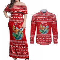 Tonga Christmas Couples Matching Off Shoulder Maxi Dress and Long Sleeve Button Shirt with Sea Turtle Coral Reef Design Snowflake Pattern and National Emblem - Polynesian Pride