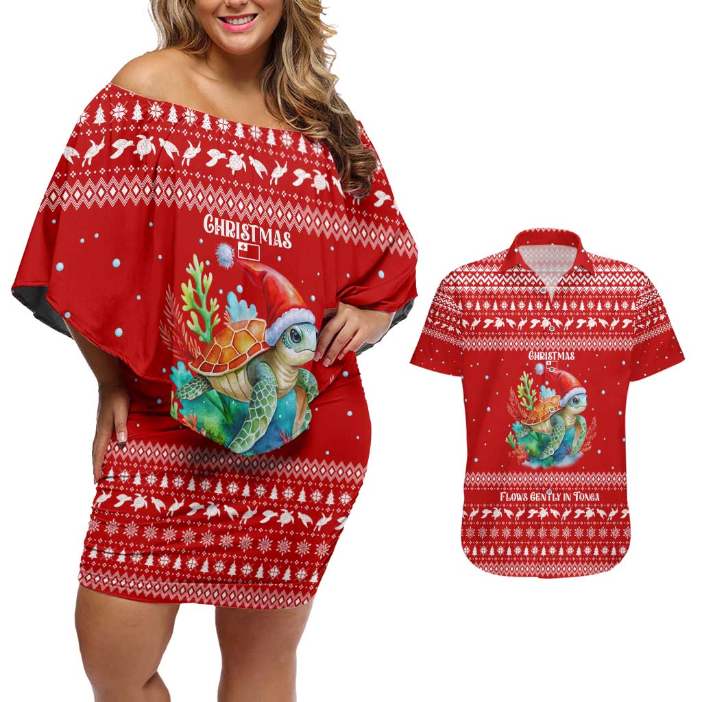 Tonga Christmas Couples Matching Off Shoulder Short Dress and Hawaiian Shirt with Sea Turtle Coral Reef Design Snowflake Pattern and National Emblem - Polynesian Pride