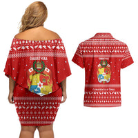 Tonga Christmas Couples Matching Off Shoulder Short Dress and Hawaiian Shirt with Sea Turtle Coral Reef Design Snowflake Pattern and National Emblem - Polynesian Pride