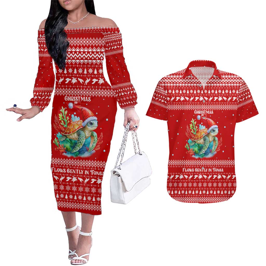 Tonga Christmas Couples Matching Off The Shoulder Long Sleeve Dress and Hawaiian Shirt with Sea Turtle Coral Reef Design Snowflake Pattern and National Emblem - Polynesian Pride