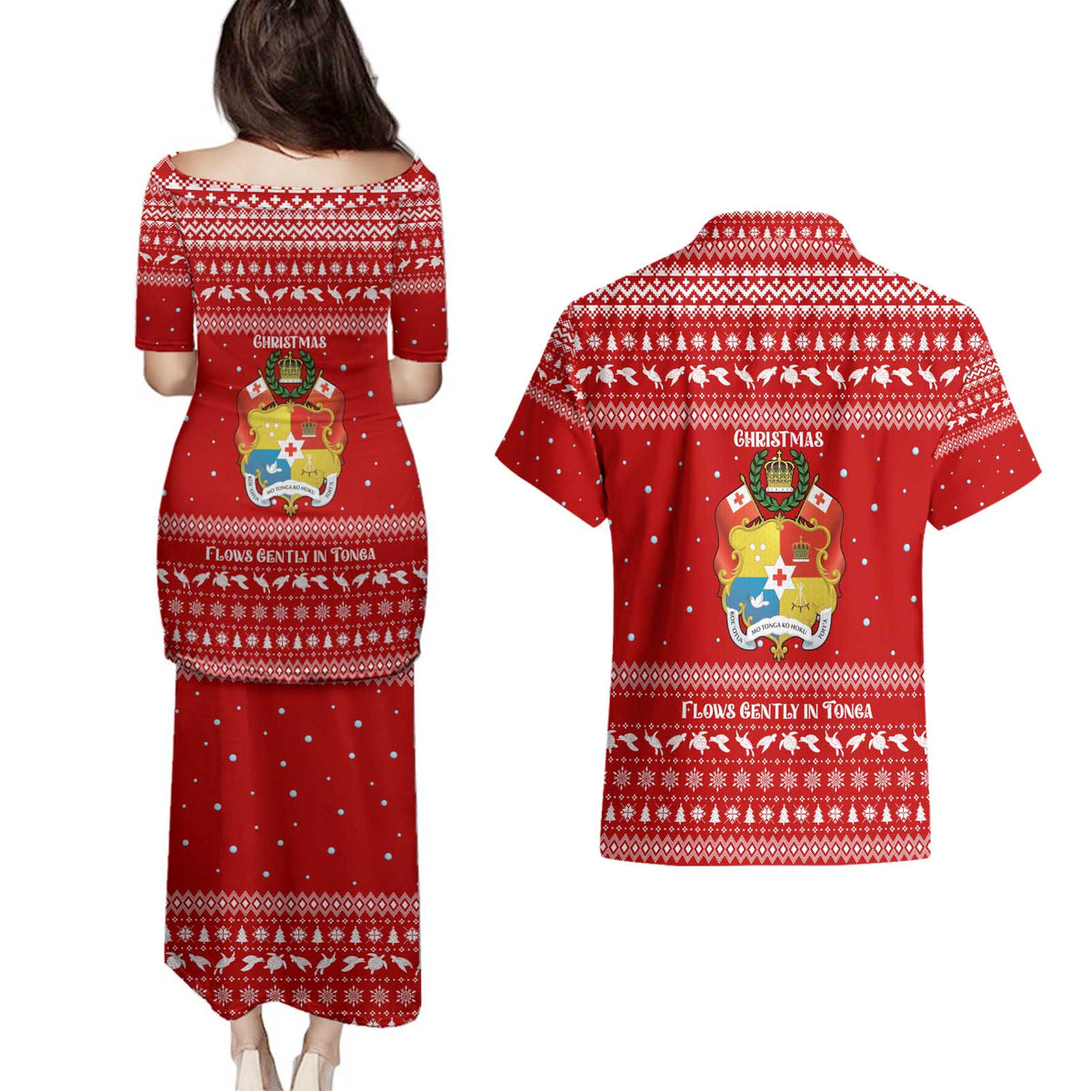 Tonga Christmas Couples Matching Puletasi and Hawaiian Shirt with Sea Turtle Coral Reef Design Snowflake Pattern and National Emblem - Polynesian Pride