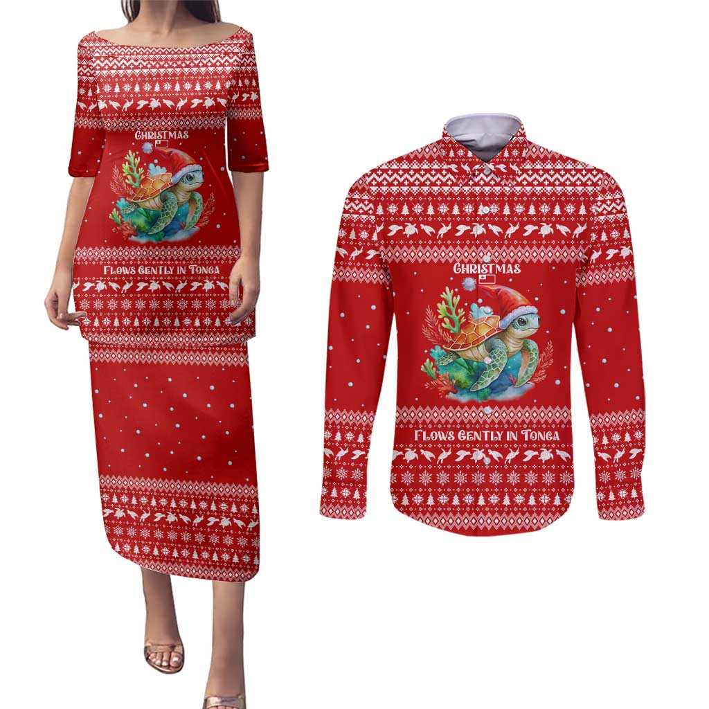 Tonga Christmas Couples Matching Puletasi and Long Sleeve Button Shirt with Sea Turtle Coral Reef Design Snowflake Pattern and National Emblem - Polynesian Pride