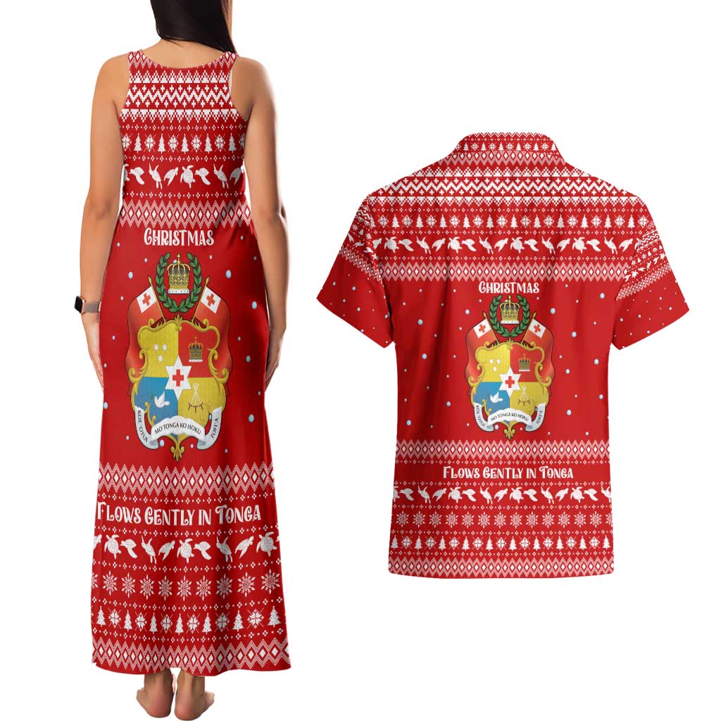 Tonga Christmas Couples Matching Tank Maxi Dress and Hawaiian Shirt with Sea Turtle Coral Reef Design Snowflake Pattern and National Emblem - Polynesian Pride
