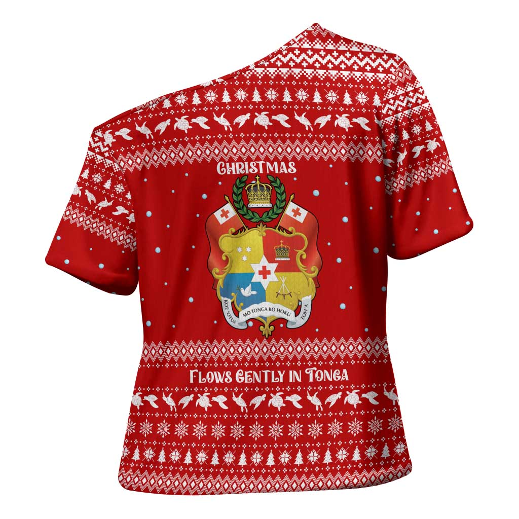 Tonga Christmas Cross Shoulder Shirt with Sea Turtle Coral Reef Design Snowflake Pattern and National Emblem - Polynesian Pride