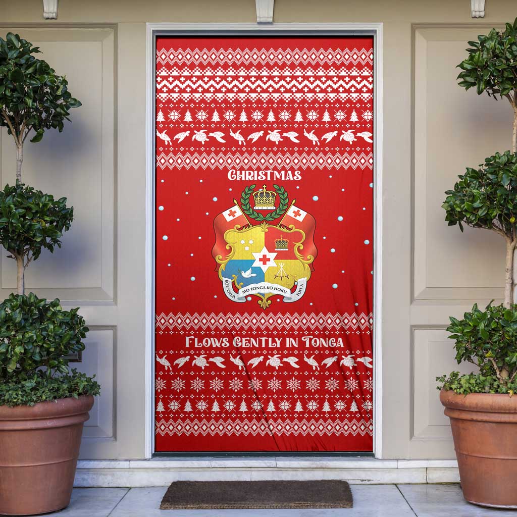 Tonga Christmas Door Cover with Sea Turtle Coral Reef Design Snowflake Pattern and National Emblem - Polynesian Pride