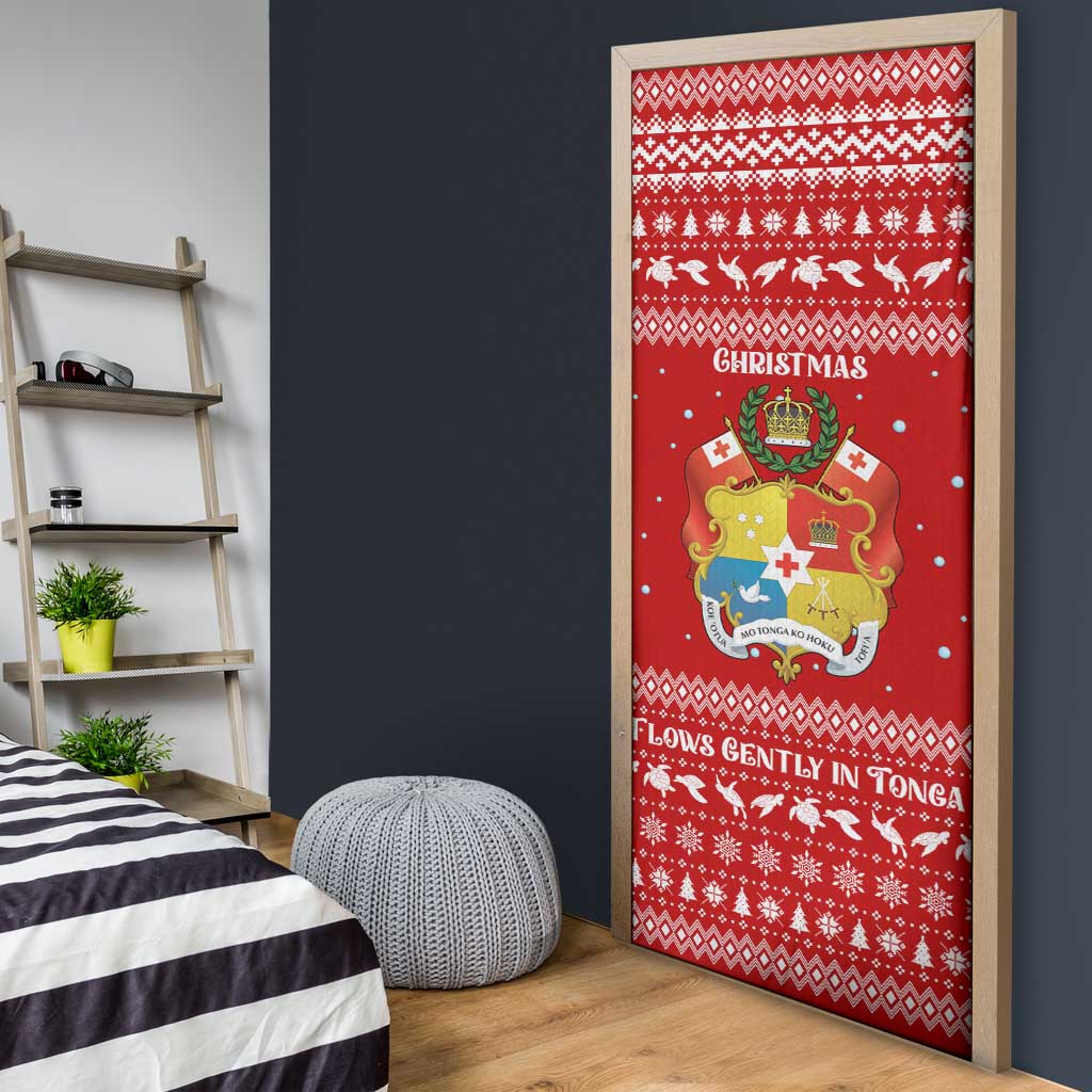 Tonga Christmas Door Cover with Sea Turtle Coral Reef Design Snowflake Pattern and National Emblem - Polynesian Pride