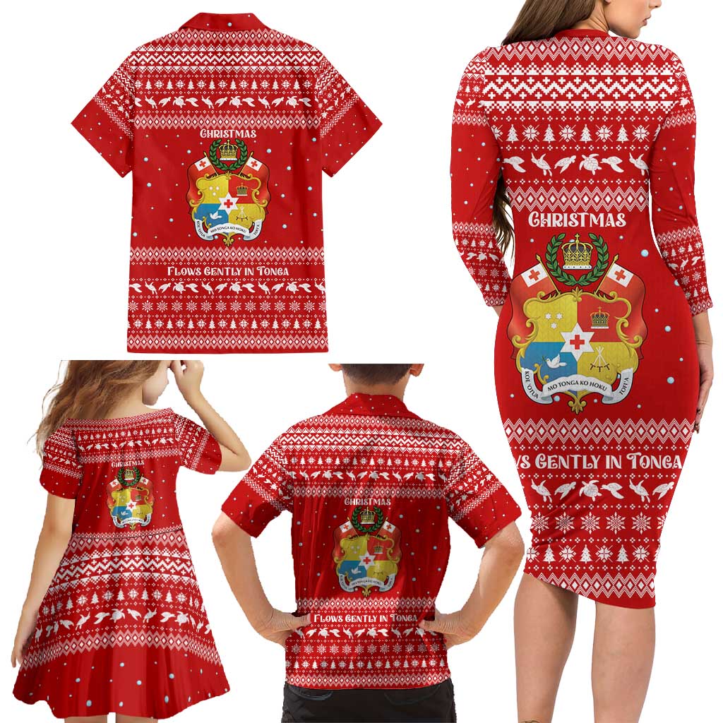 Tonga Christmas Family Matching Long Sleeve Bodycon Dress and Hawaiian Shirt with Sea Turtle Coral Reef Design Snowflake Pattern and National Emblem - Polynesian Pride