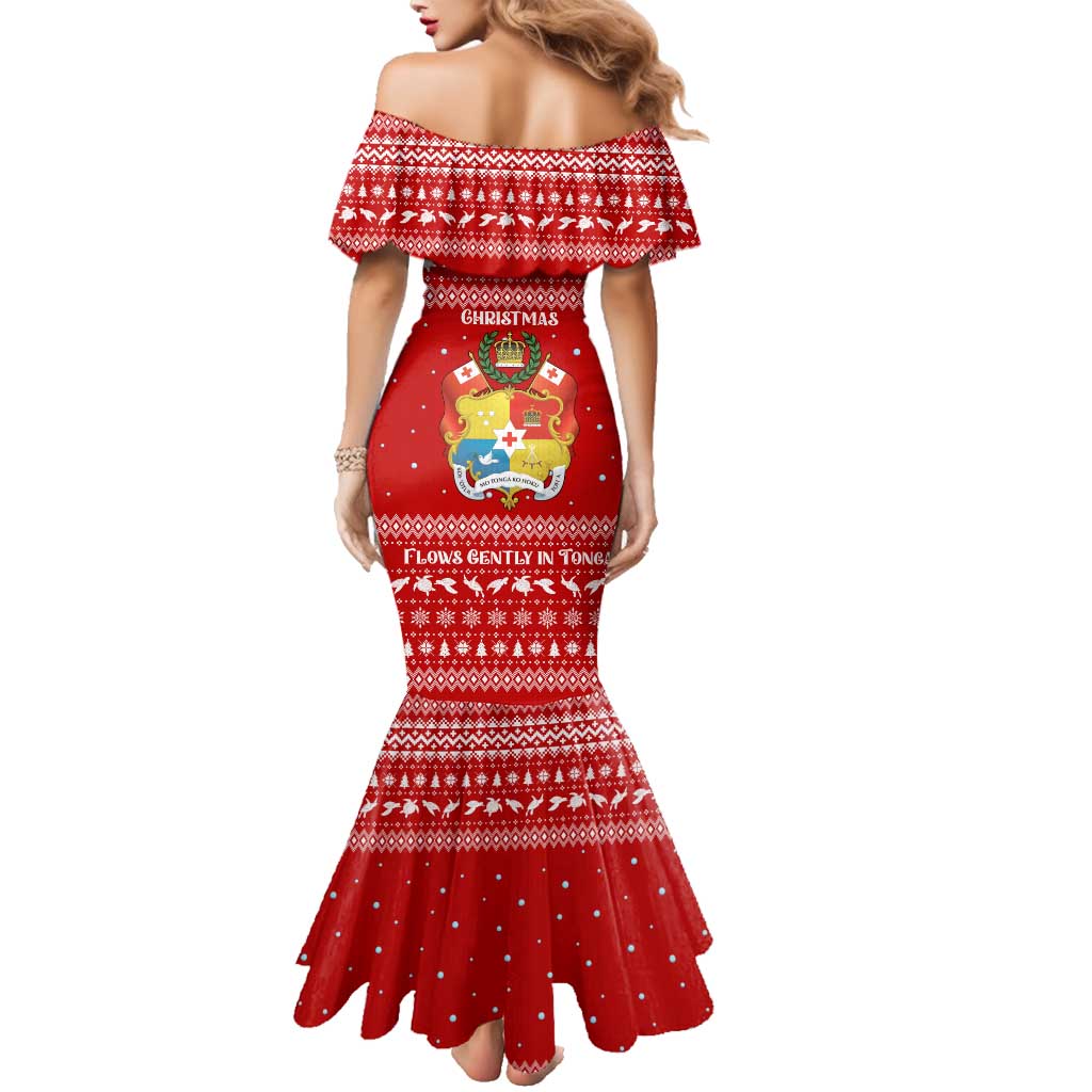 Tonga Christmas Family Matching Mermaid Dress and Hawaiian Shirt with Sea Turtle Coral Reef Design Snowflake Pattern and National Emblem - Polynesian Pride