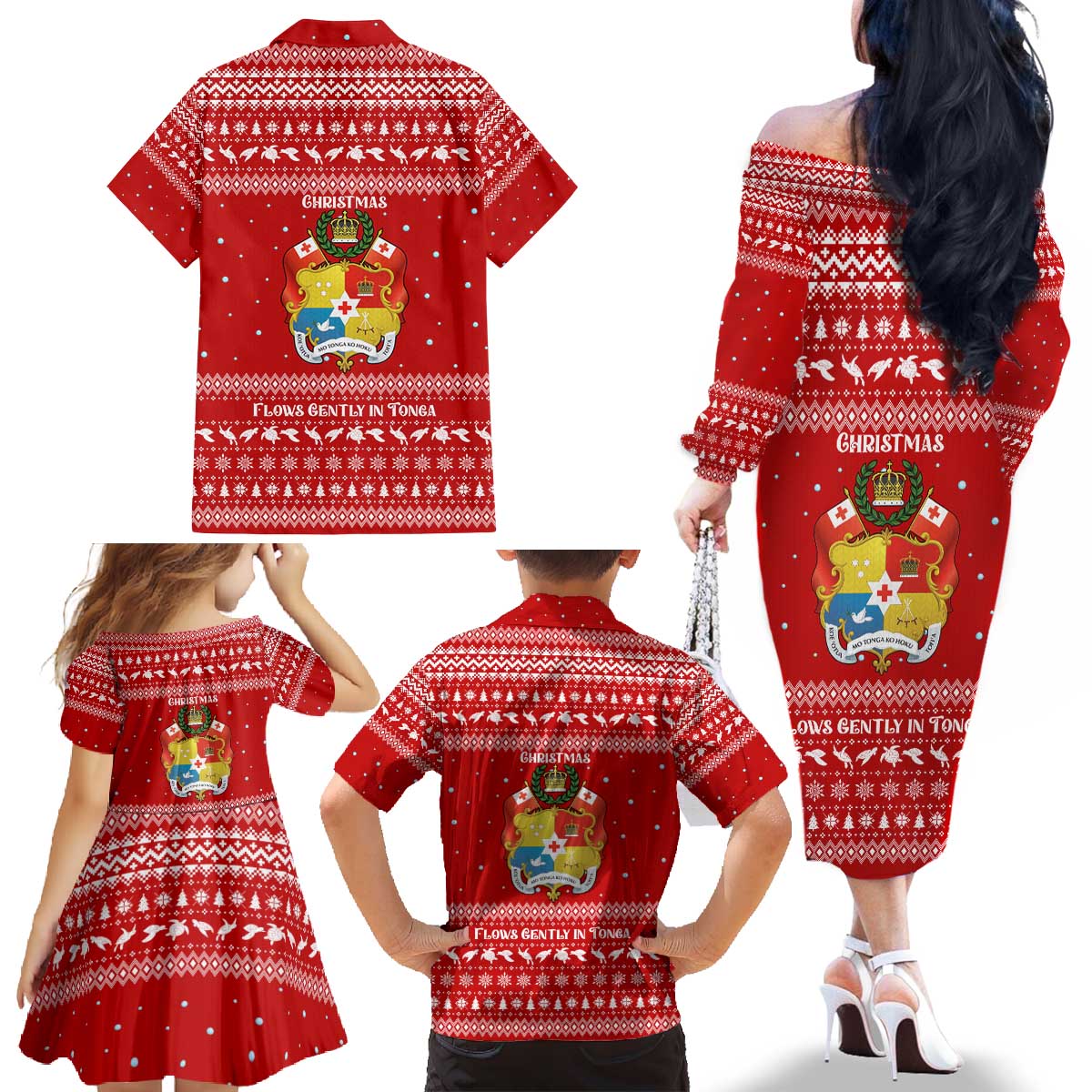 Tonga Christmas Family Matching Off The Shoulder Long Sleeve Dress and Hawaiian Shirt with Sea Turtle Coral Reef Design Snowflake Pattern and National Emblem - Polynesian Pride