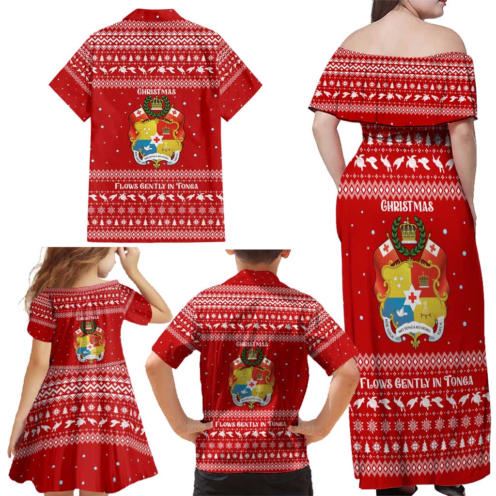 Tonga Christmas Family Matching Off Shoulder Maxi Dress and Hawaiian Shirt with Sea Turtle Coral Reef Design Snowflake Pattern and National Emblem - Polynesian Pride