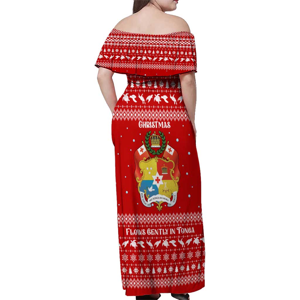 Tonga Christmas Family Matching Off Shoulder Maxi Dress and Hawaiian Shirt with Sea Turtle Coral Reef Design Snowflake Pattern and National Emblem - Polynesian Pride