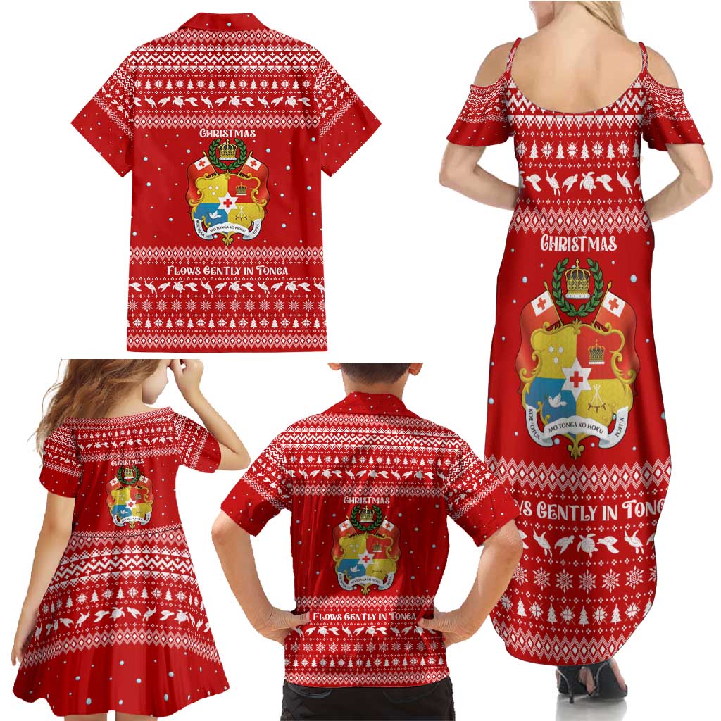Tonga Christmas Family Matching Summer Maxi Dress and Hawaiian Shirt with Sea Turtle Coral Reef Design Snowflake Pattern and National Emblem - Polynesian Pride
