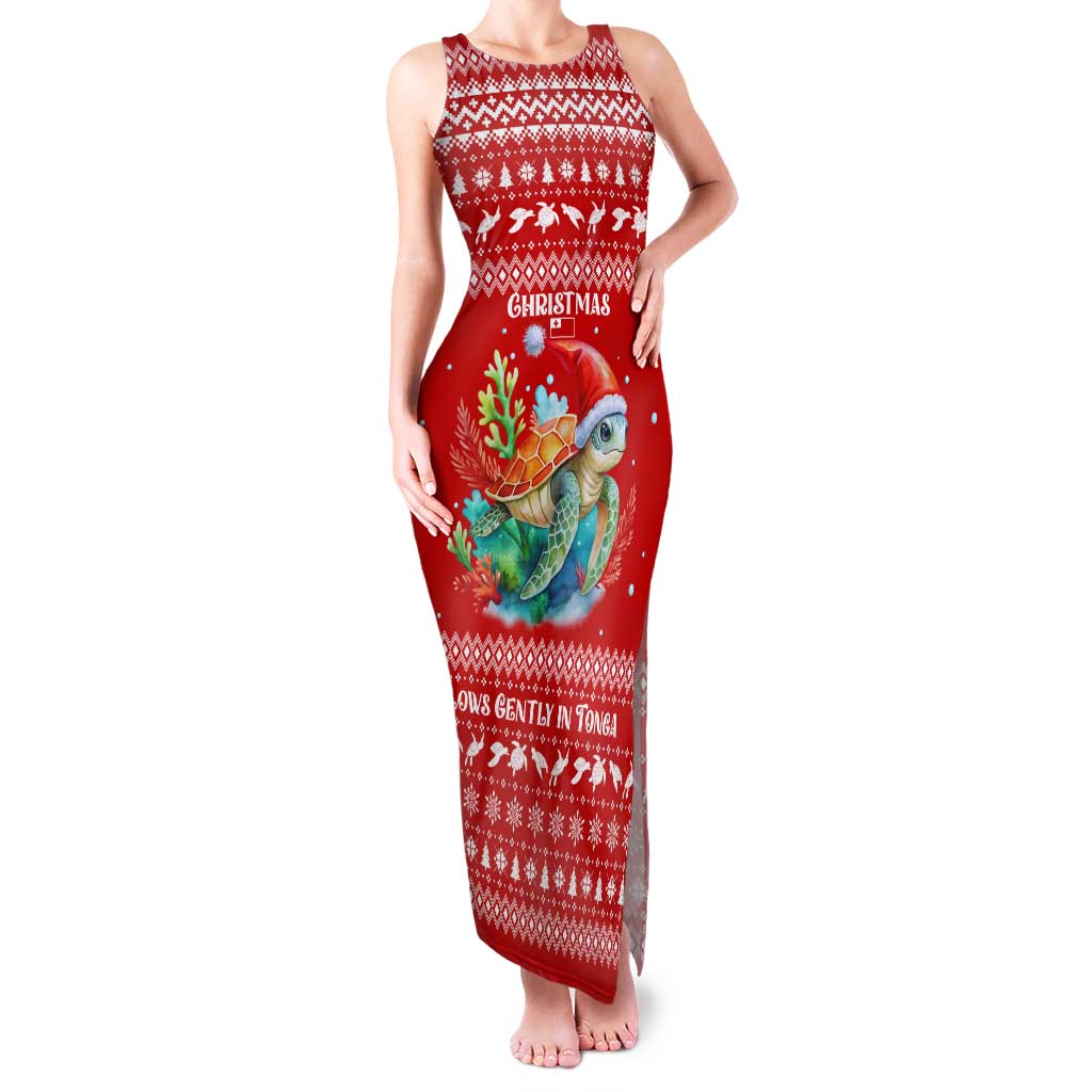 Tonga Christmas Family Matching Tank Maxi Dress and Hawaiian Shirt with Sea Turtle Coral Reef Design Snowflake Pattern and National Emblem - Polynesian Pride