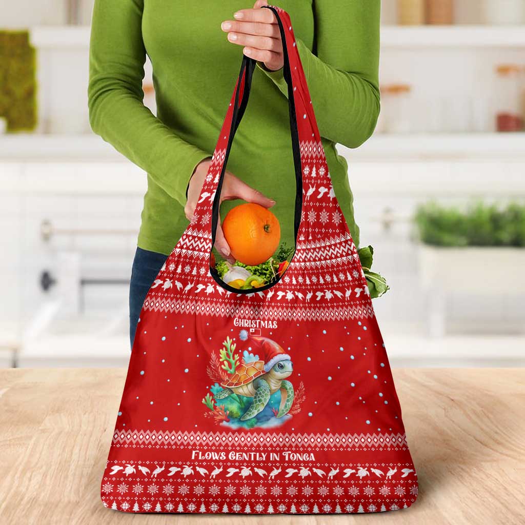 Tonga Christmas Grocery Bag with Sea Turtle Coral Reef Design Snowflake Pattern and National Emblem - Polynesian Pride