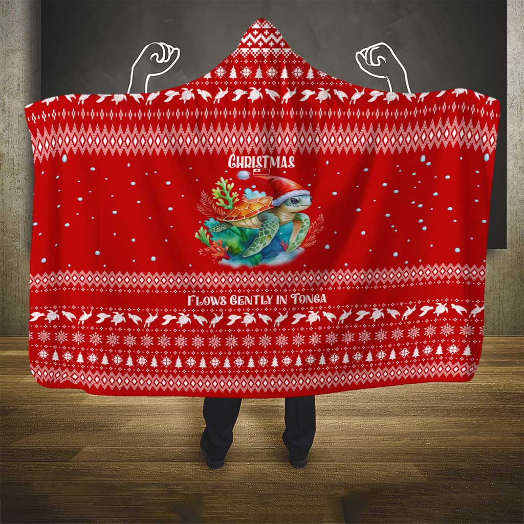 Tonga Christmas Hooded Blanket with Sea Turtle Coral Reef Design Snowflake Pattern and National Emblem - Polynesian Pride