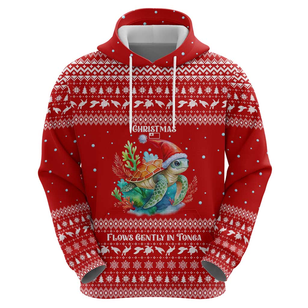 Tonga Christmas Hoodie with Sea Turtle Coral Reef Design Snowflake Pattern and National Emblem - Polynesian Pride